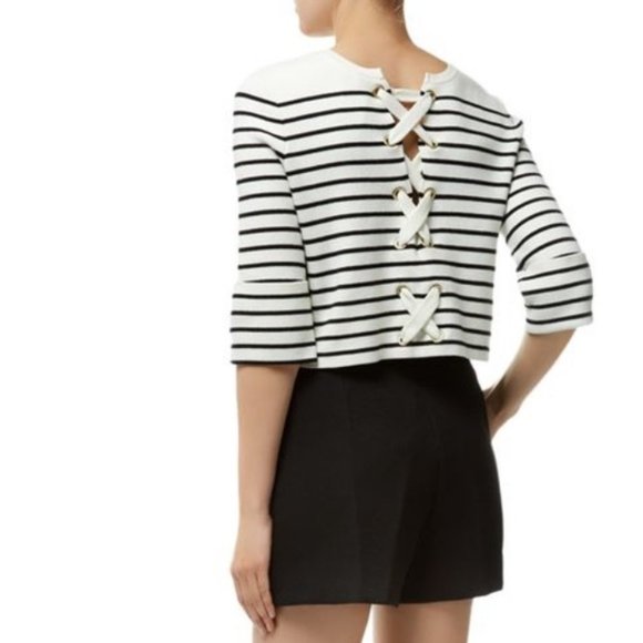 Maje Sweaters - Maje Montreal Ecru criss cross lace up back Breton stripe cropped sweater